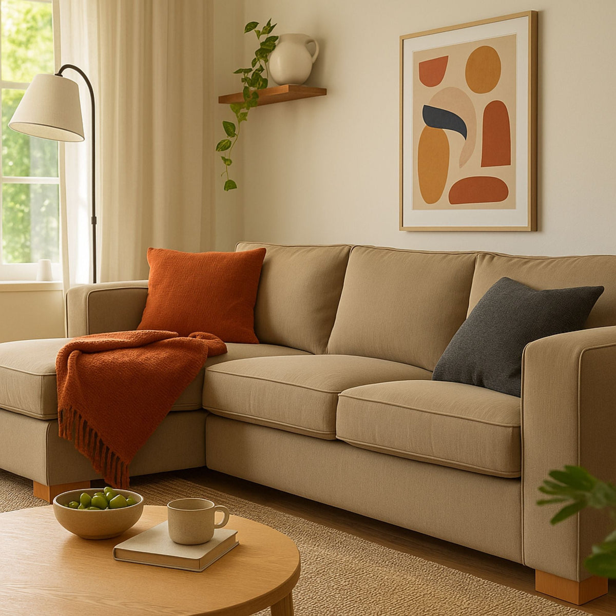 Canapé d’angle reconditionné en tissu beige