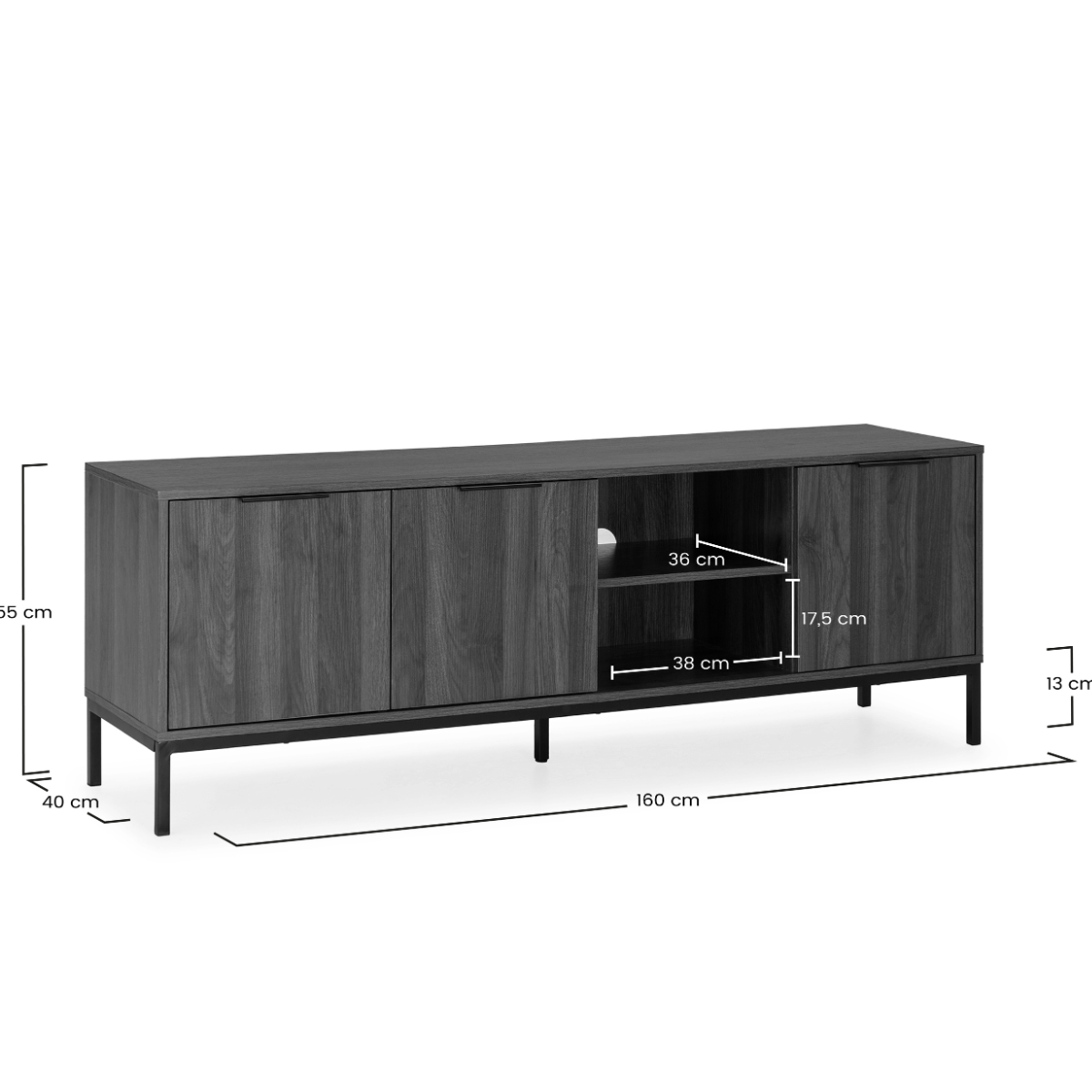 Meuble TV Auri 3 Portes, Couleur noyer, 160 cm (Largeur) 40 cm (Profondeur) 55 cm (Hauteur)