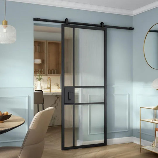Ensemble porte coulissante vitrée Tamara 204 x 73 cm + rail Loft noir 186 cm ARTENS