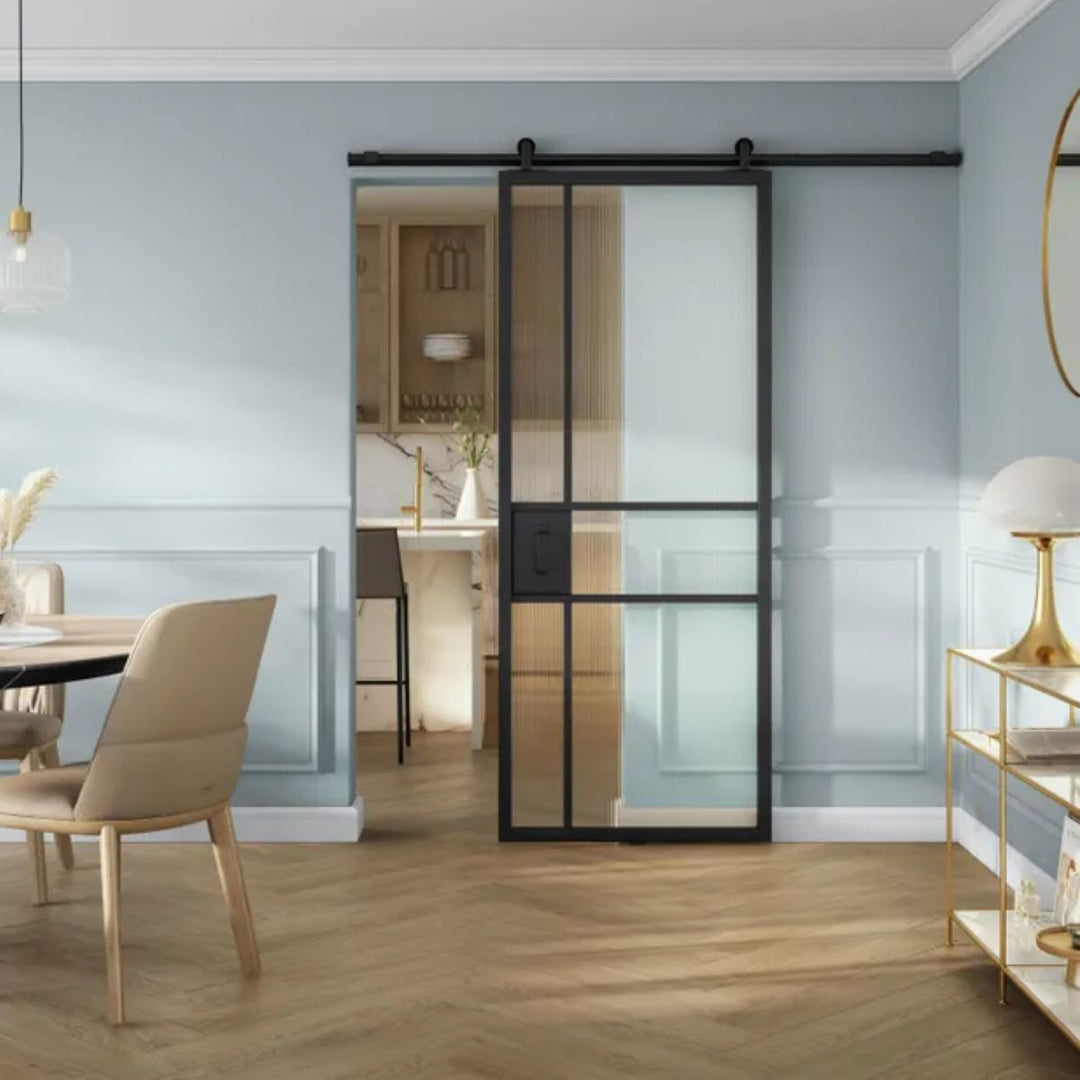 Ensemble porte coulissante vitrée Tamara 204 x 73 cm + rail Loft noir 186 cm ARTENS