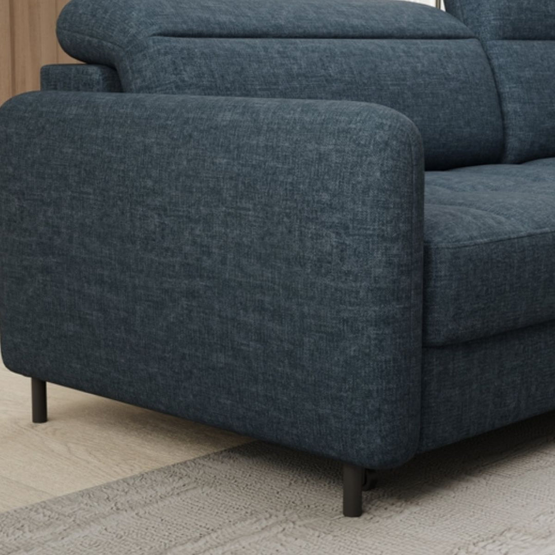 Canapé convertible d'angle gauche Borea en tissu bleu foncé avec coffre