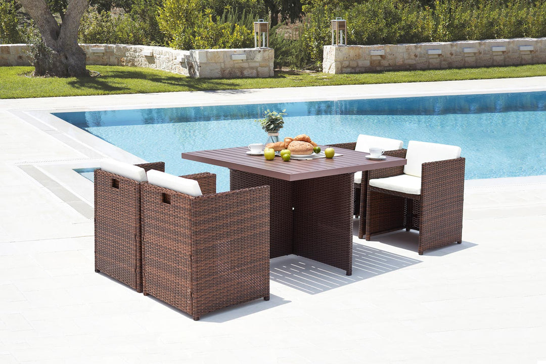 salon de jardin encastrable de 4 places en résine Marron et blanc tressée