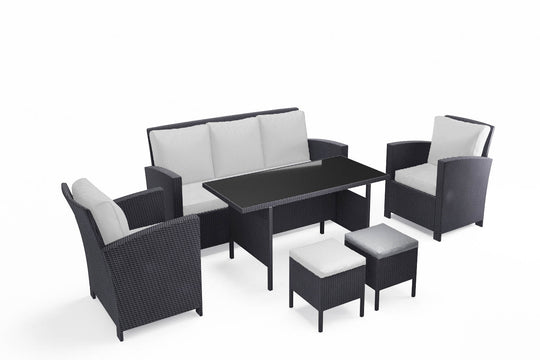 salon de jardin de 6 places en résine tressée sur fond Blanc Noir et Ecru
