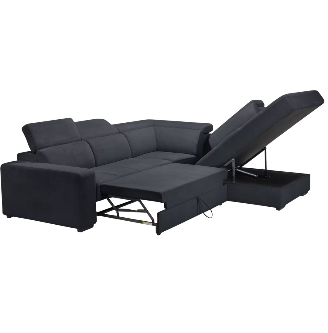 ALINEA Canapé Origano bleu calabrun d'angle droit convertible avec coffre en tissu doux