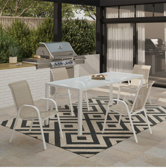 Lot de 4 chaises de jardin en acier Blanc et beige