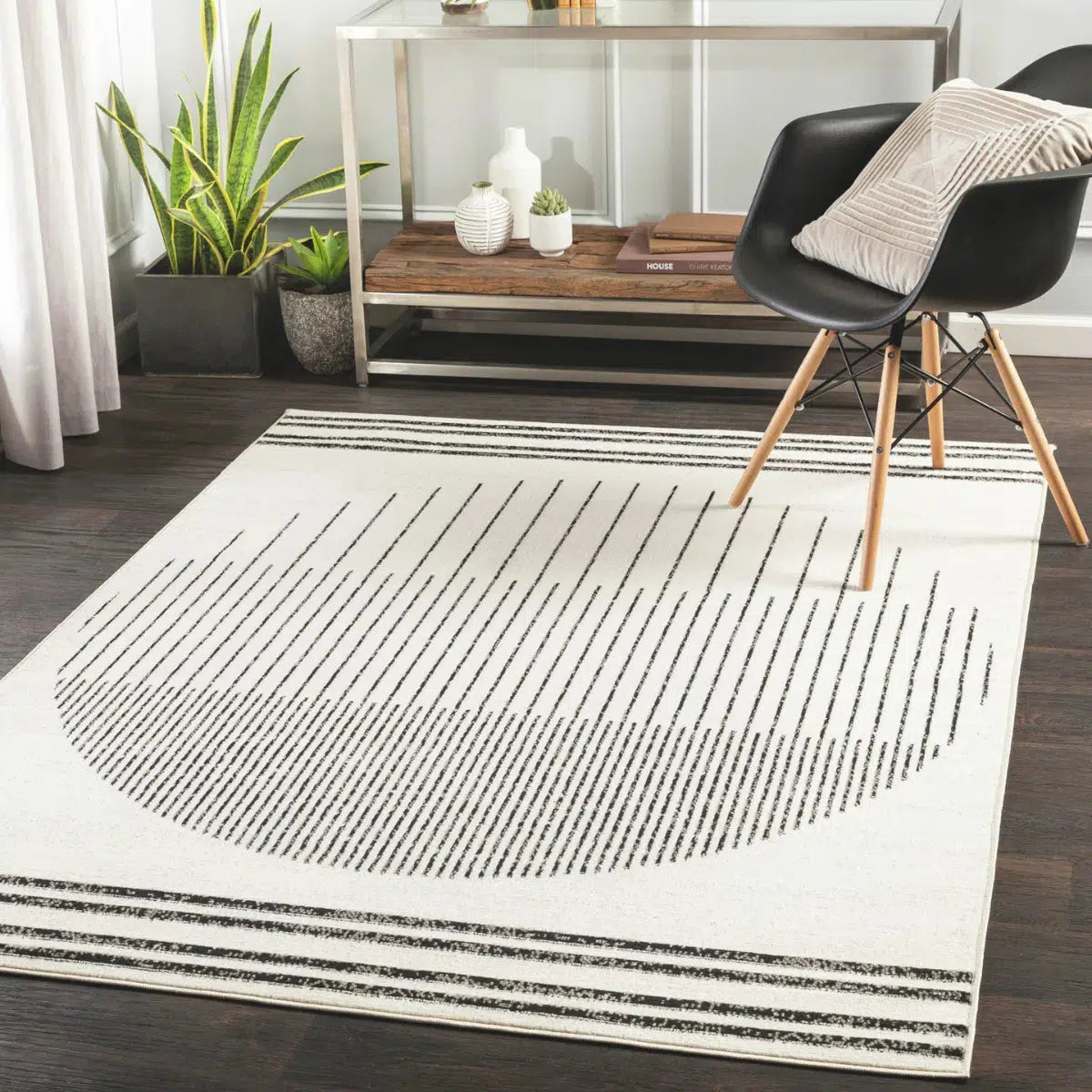 Tapis SURYA Enso scandinave, motif disque de lignes fines, blanc cassé et noir