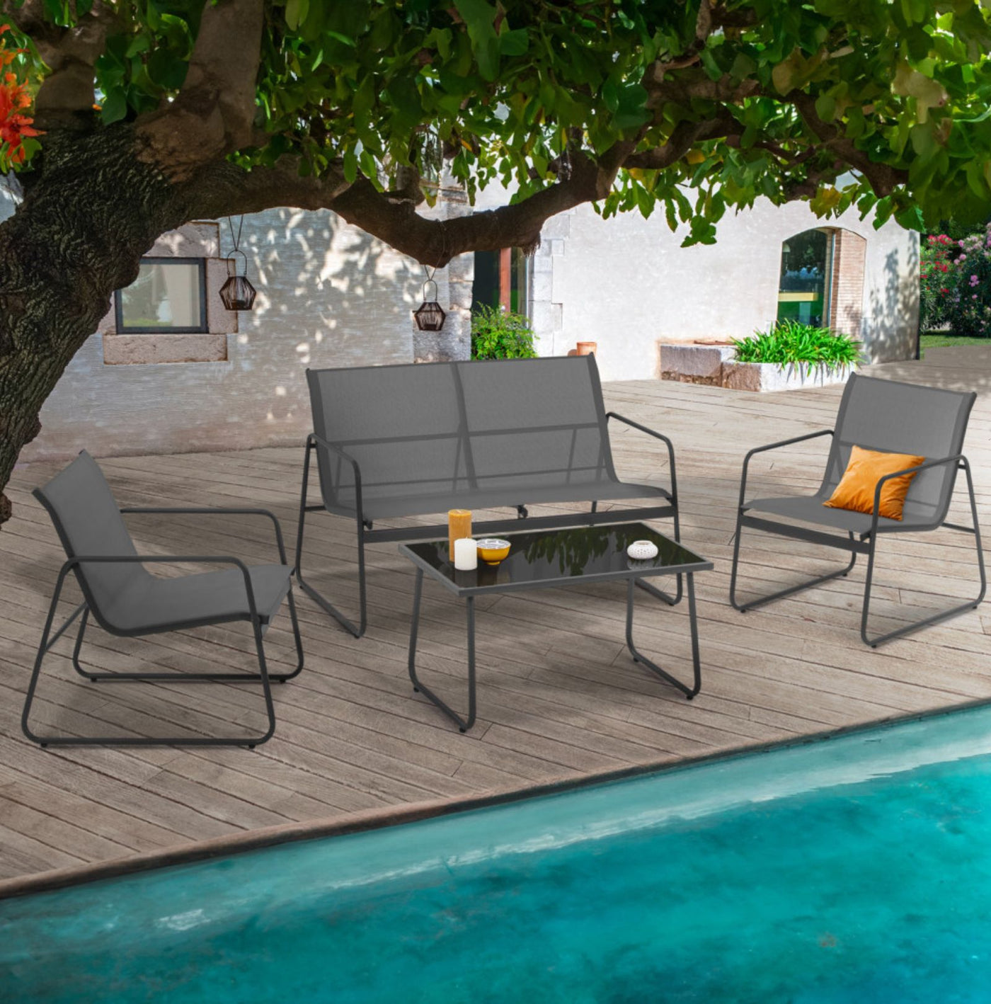 Salon de jardin 4 places en textilène gris