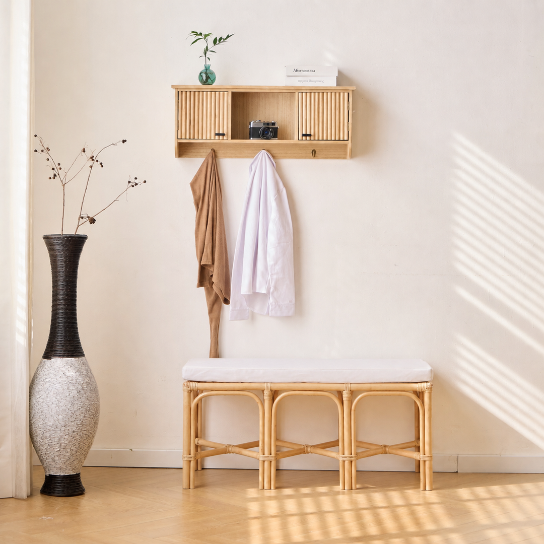 Banc Nordlys en rotin naturel et tissu beige SULAWESI