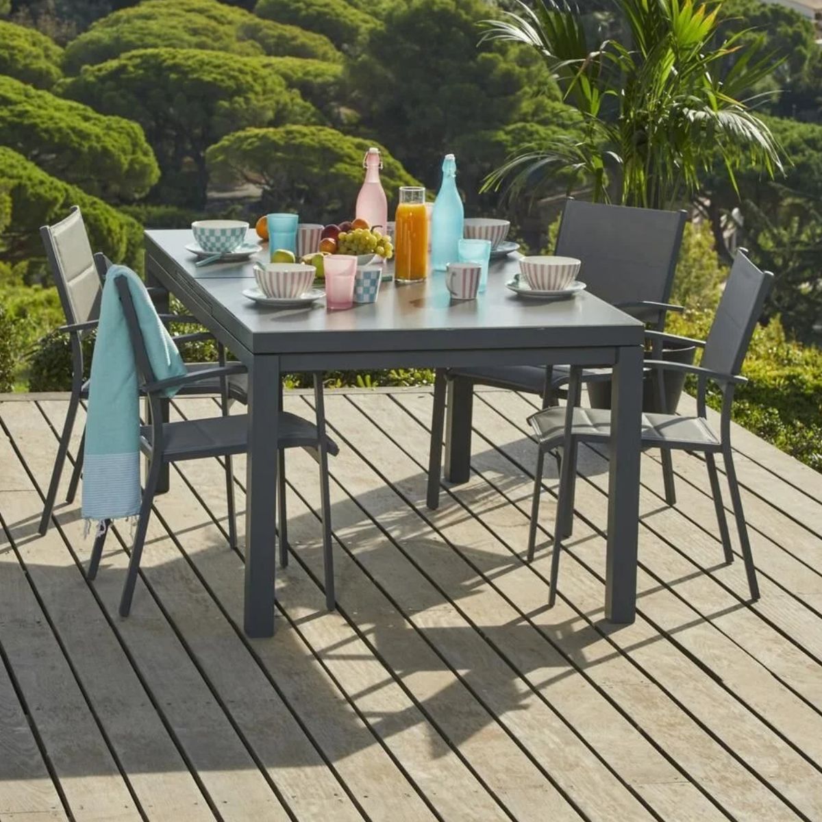 Table de Jardin HYBA Extensible 180/240x100cm en Aluminium Gris foncé et Verre Canberra