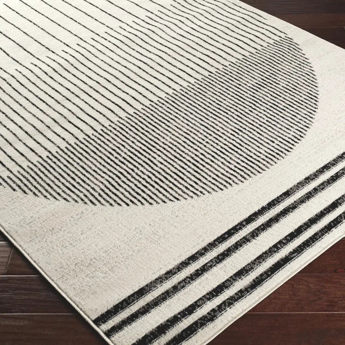 Tapis SURYA Enso scandinave, motif disque de lignes fines, blanc cassé et noir, vue 2