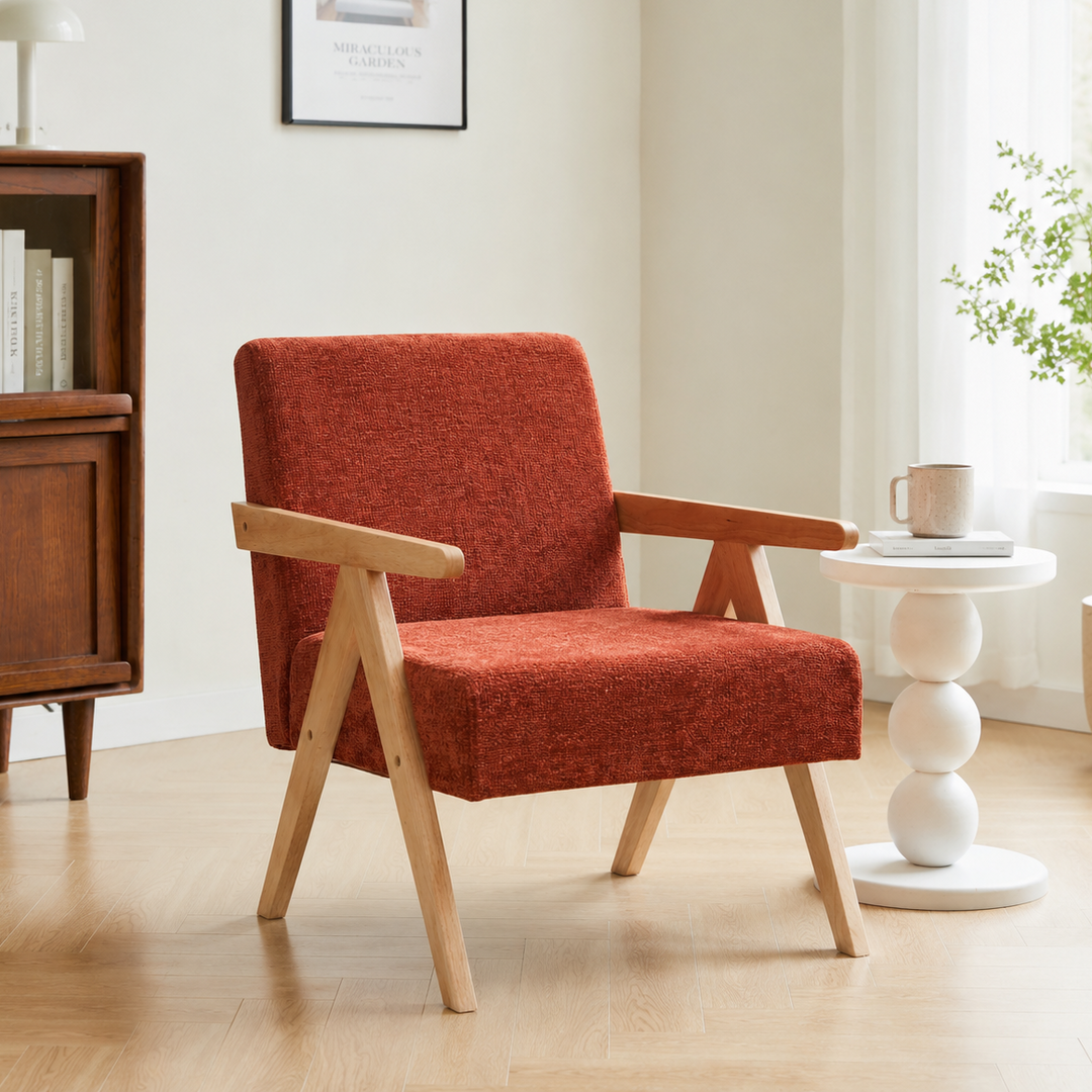 Fauteuil de salon Nordlys en bois massif et tissu terracotta SANTAREM