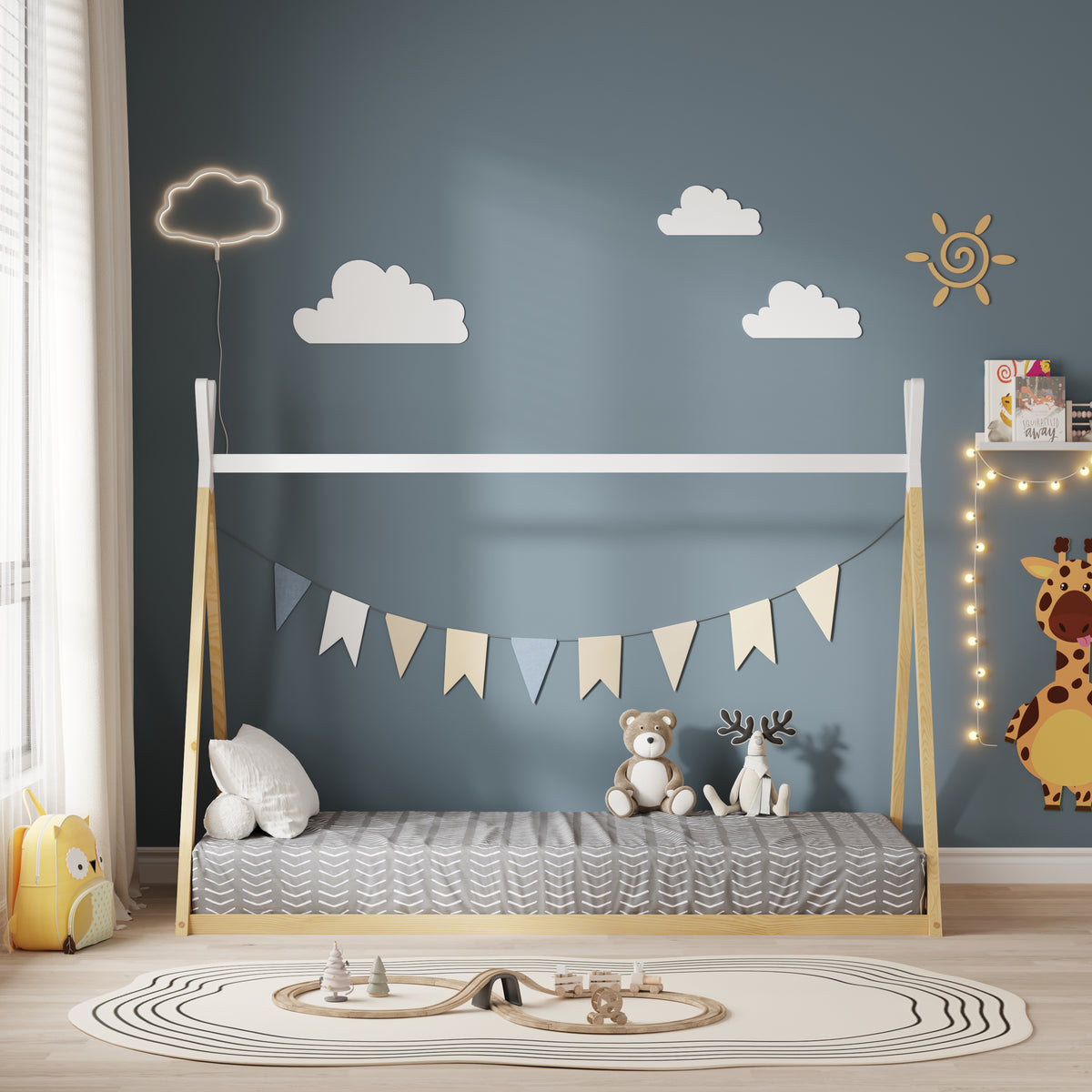 Lit tipi enfant 90x190cm Bois et Blanc