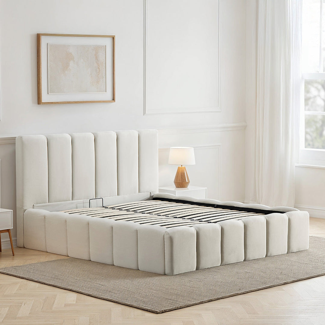 Lit coffre Madeleine en tissu beige
