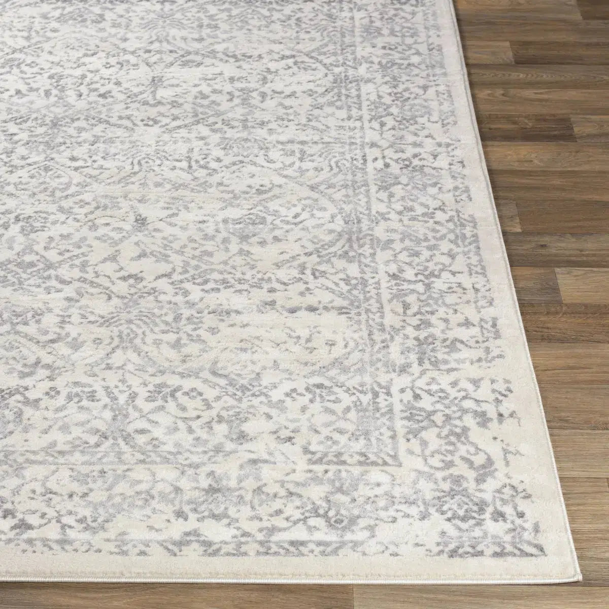 Tapis SURYA Margaux oriental vintage, motif d'arabesques délavées gris et anthracite sur fond blanc cassé, vue 4