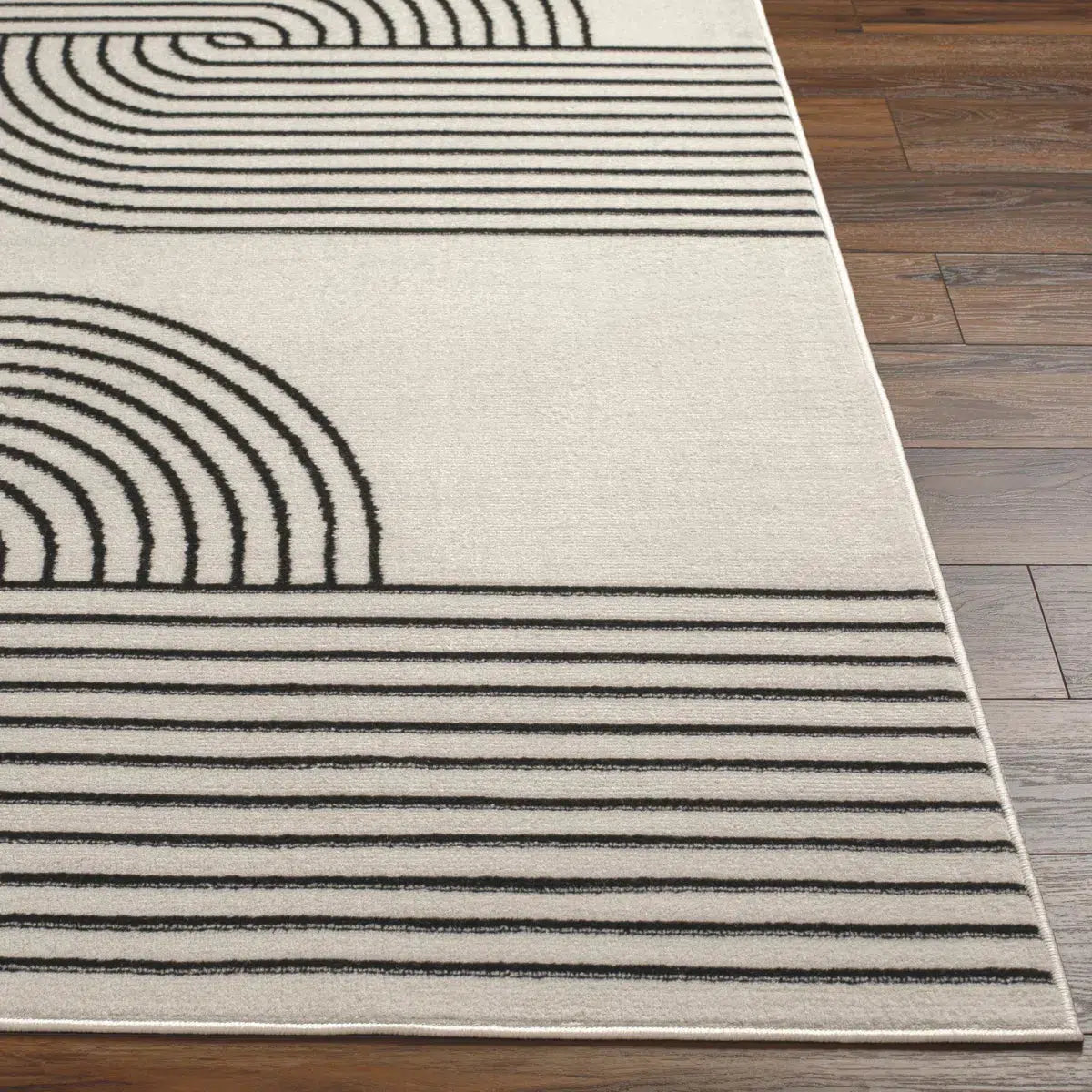 Tapis SURYA Constance rétro, motif arcs concentriques, blanc cassé et noir, vue 4