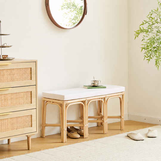Banc Nordlys en rotin naturel et tissu beige SULAWESI