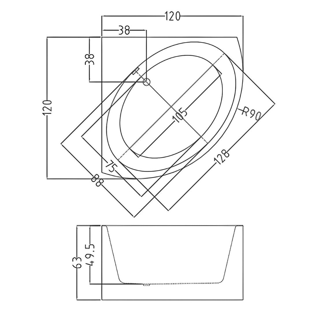 Baignoire d'angle Vente Unique - 198 L - 120 x 120 x 63 cm - Blanche - Acrylique - COBITIS