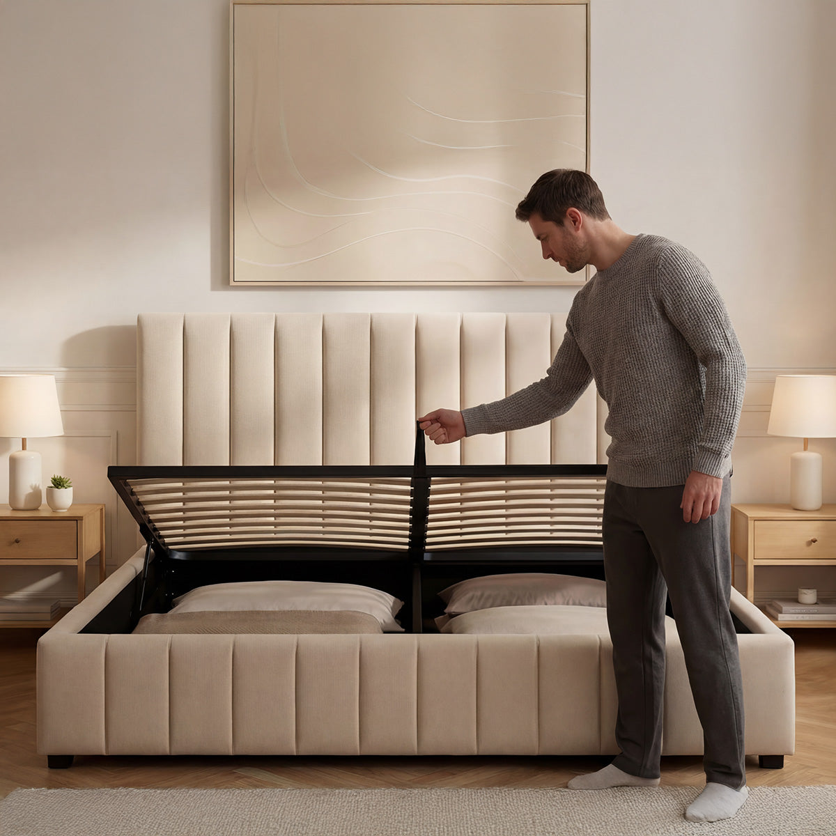 Lit coffre BELLECOUR Trocadéro en velours beige