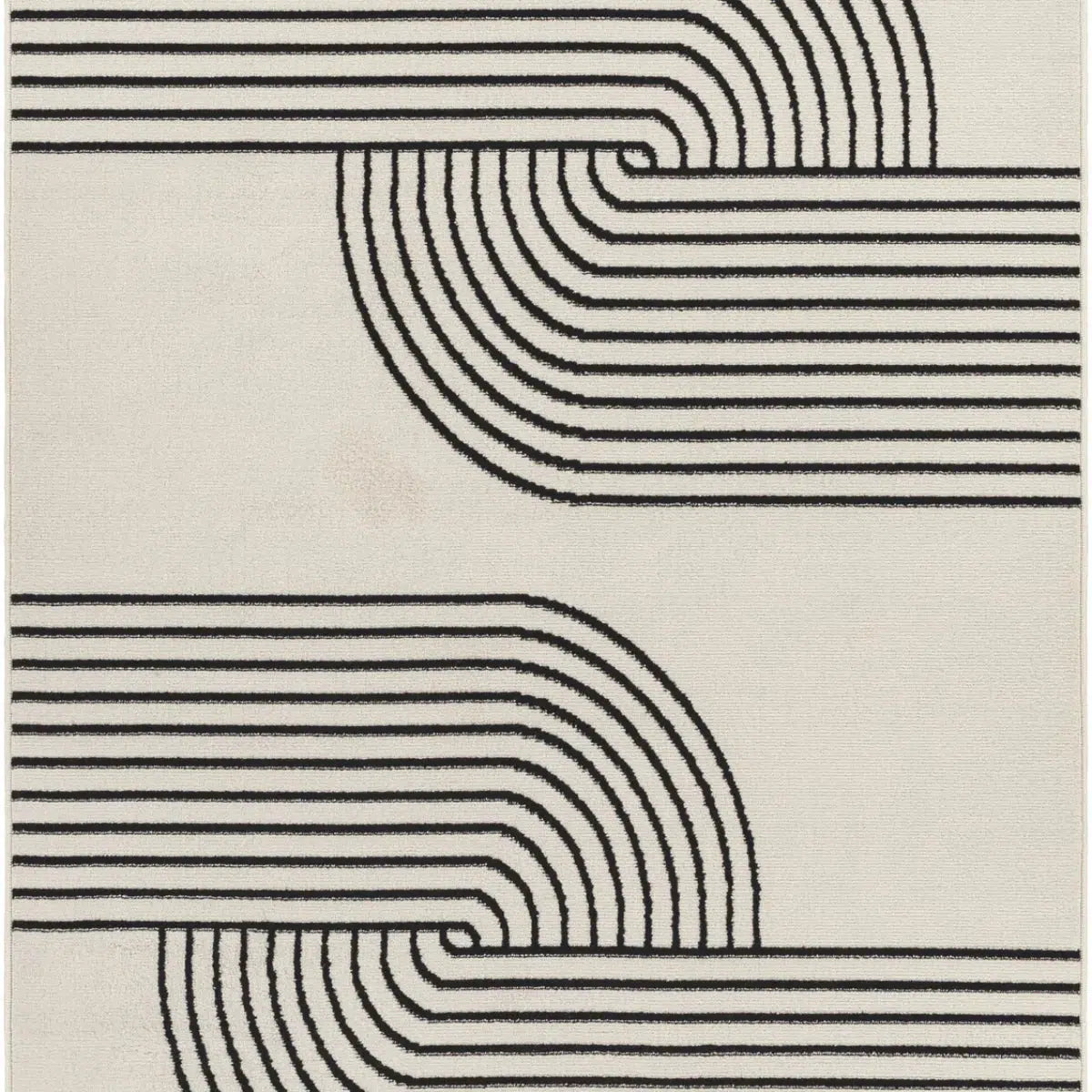 Tapis SURYA Constance rétro, motif arcs concentriques, blanc cassé et noir, vue 6