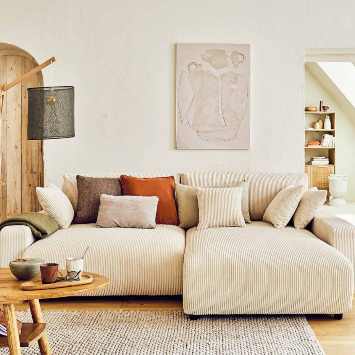 Canapé d'angle réversible BESTMOBILIER 4 places convertible avec coffre en velours côtelé beige