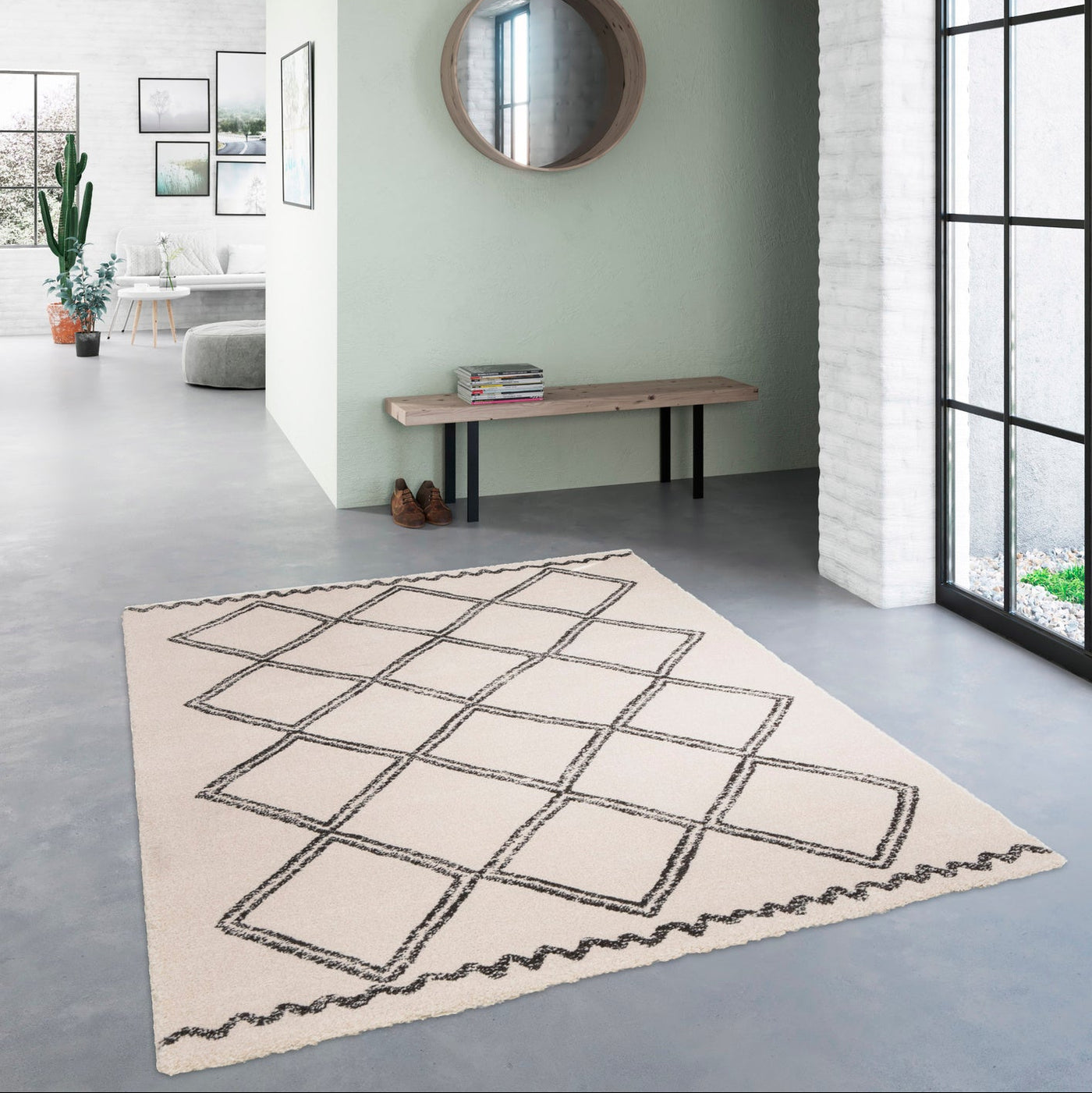 tapis épais berbère crème et noir. Vue 7 du tapis montrant des détails matière.