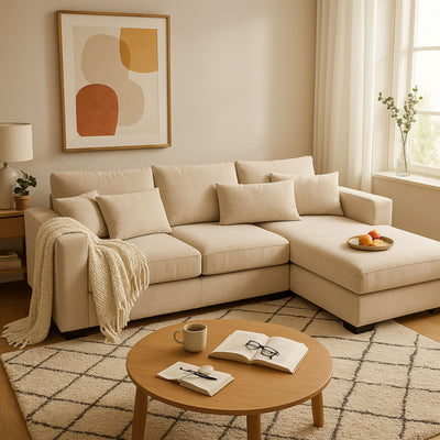 Canapé d'angle droit fixe ALINEA Batis 5 places en tissu beige roucas