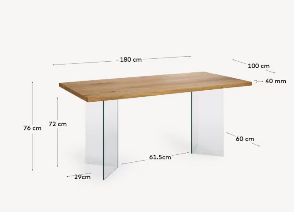 Table Lotty en contreplaqué de chêne finition naturelle et pieds en verre 180 x 100 cm Kave Home