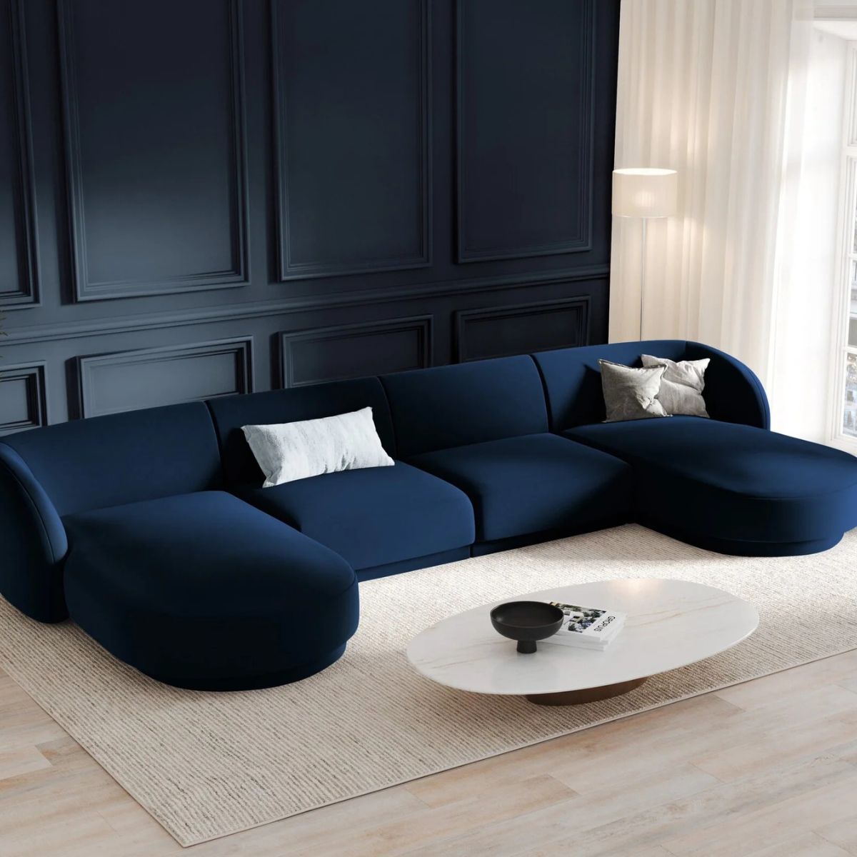 Canapé panoramique 5 places MILEY Micadoni bleu roi