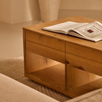 Table basse KAVE HOME Alguema 2 tiroirs en placage de chêne finition naturelle 140 x 60 cm