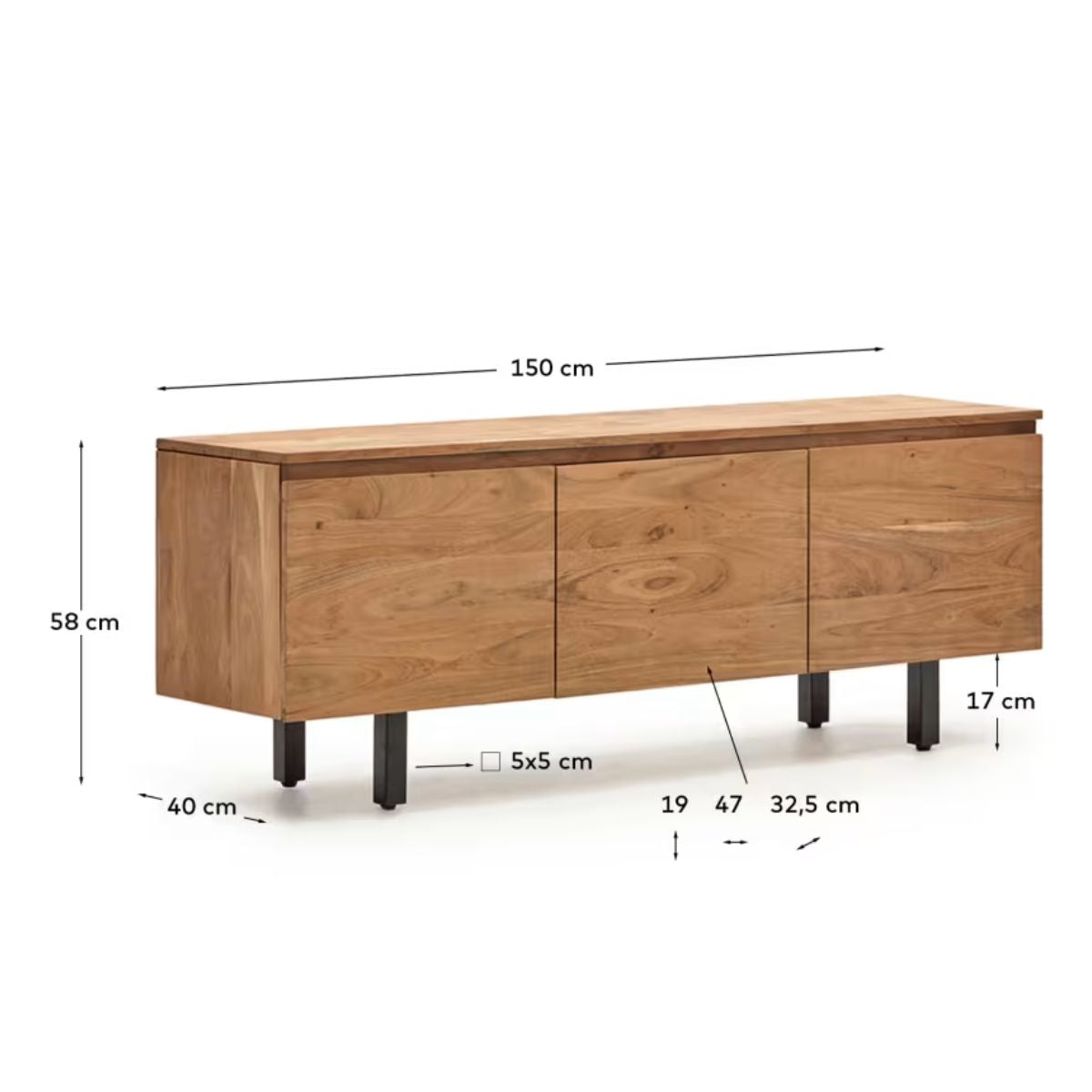 Meuble TV Kave Home Uxue 3 portes en bois d'acacia finition naturelle 150 x 58 cm