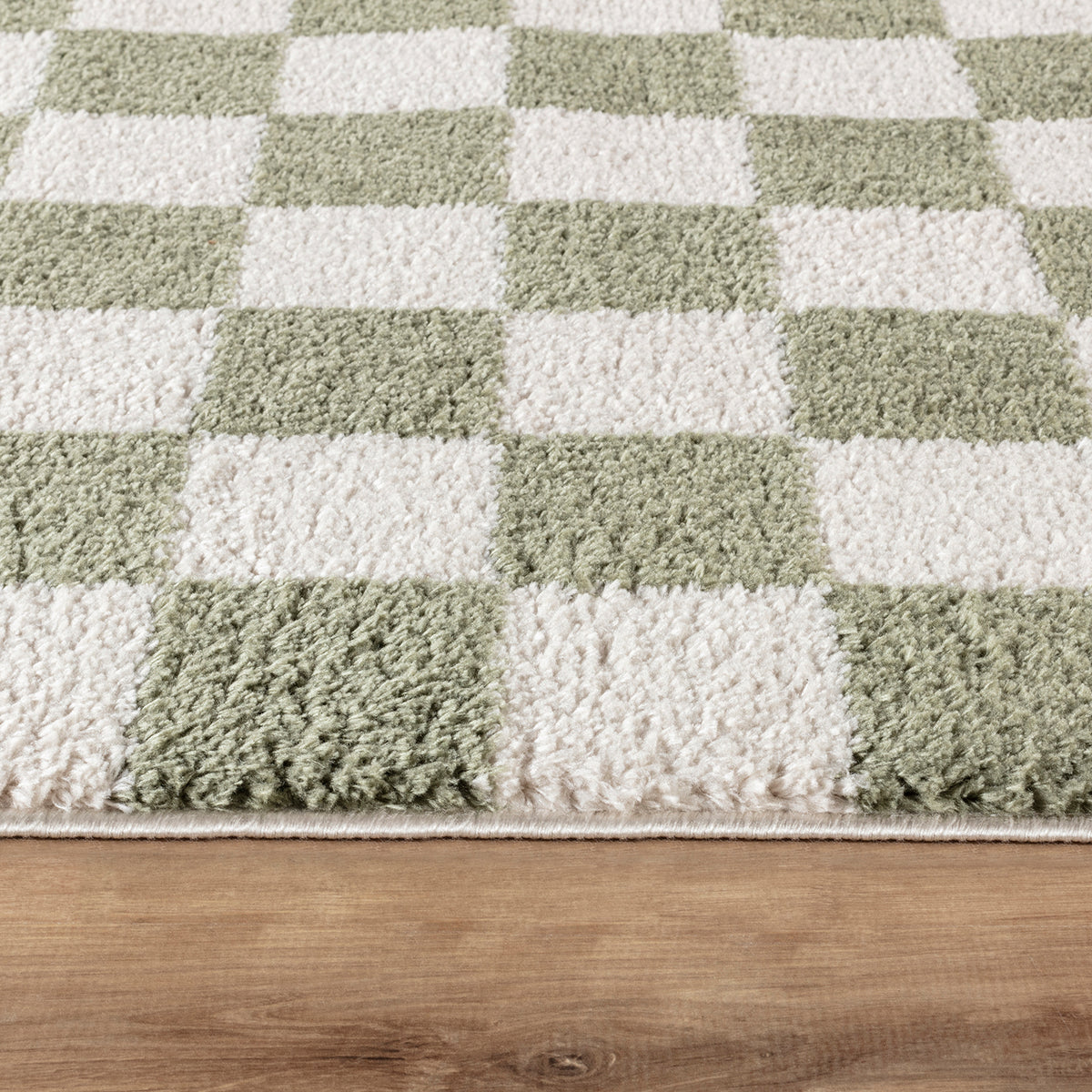 Tapis shaggy Surya Izaline moderne, motif à carreaux en relief vert gazon et beige clair, vue 7