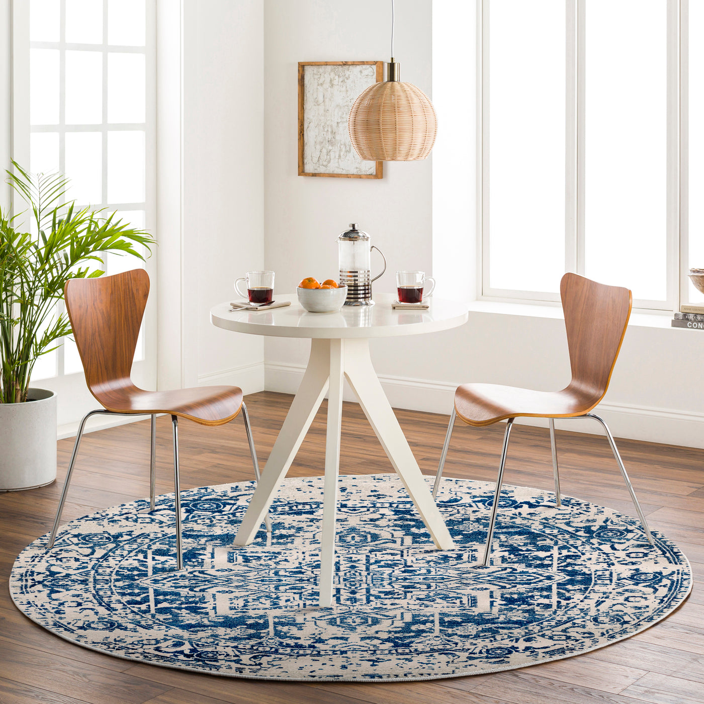 Tapis Rond Vintage Oriental Bleu/Blanc Rond Syracusa