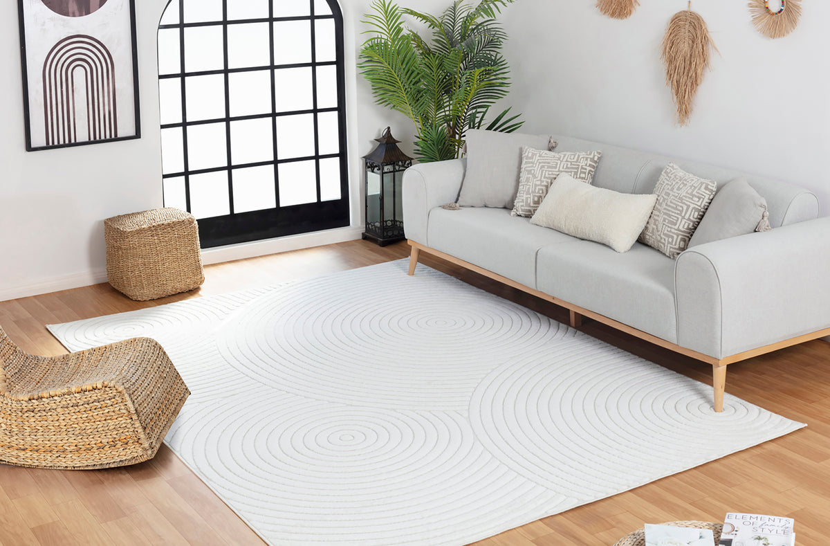 Tapis SURYA Kaysa scandinave, motif arcs concentriques en relief blanc, vue 11