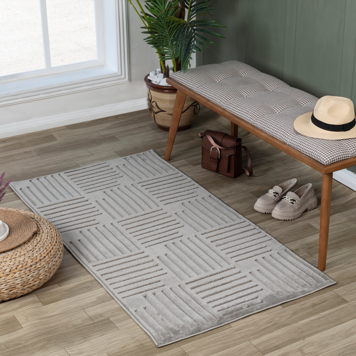 Tapis SURYA Curico scandinave, motif carrés striés en relief, gris, vue 2