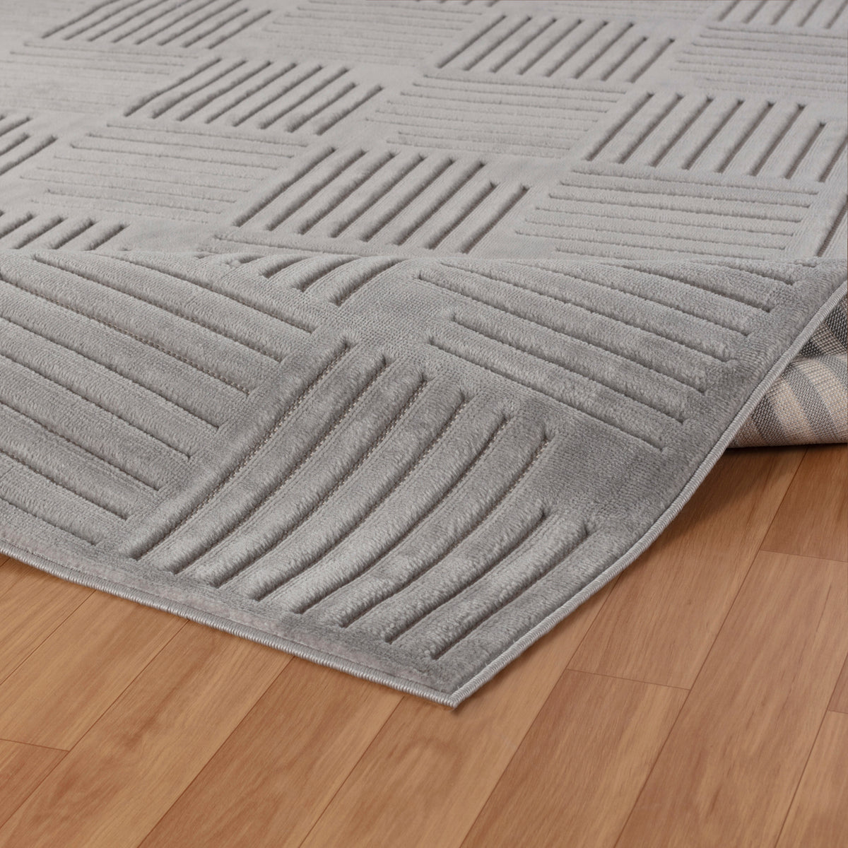 Tapis SURYA Curico scandinave, motif carrés striés en relief, gris, vue 5