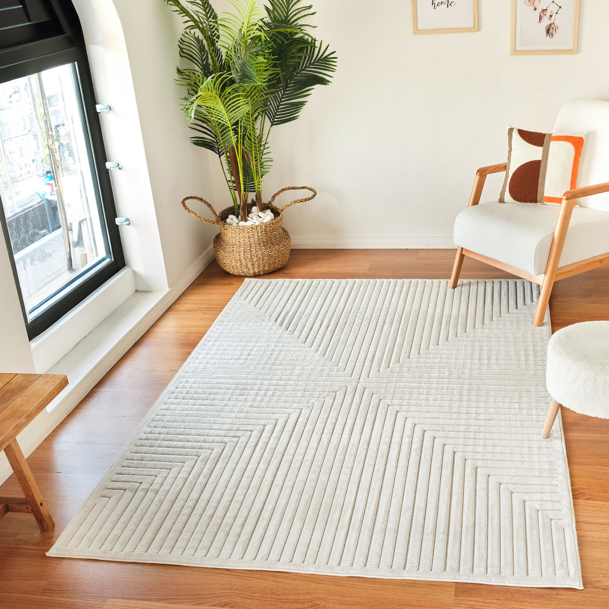 Tapis SURYA Rockford moderne, relief de lignes géométriques ton sur ton blanc
