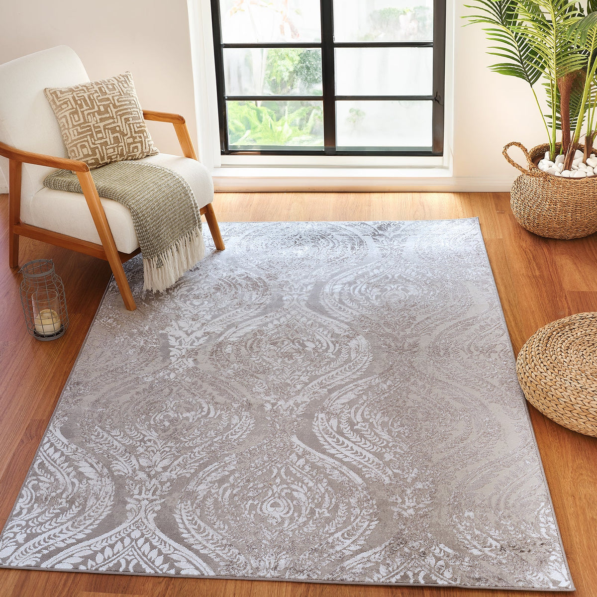 Tapis SURYA Ingrid oriental, motif volutes effet usé beige et gris, vue 8