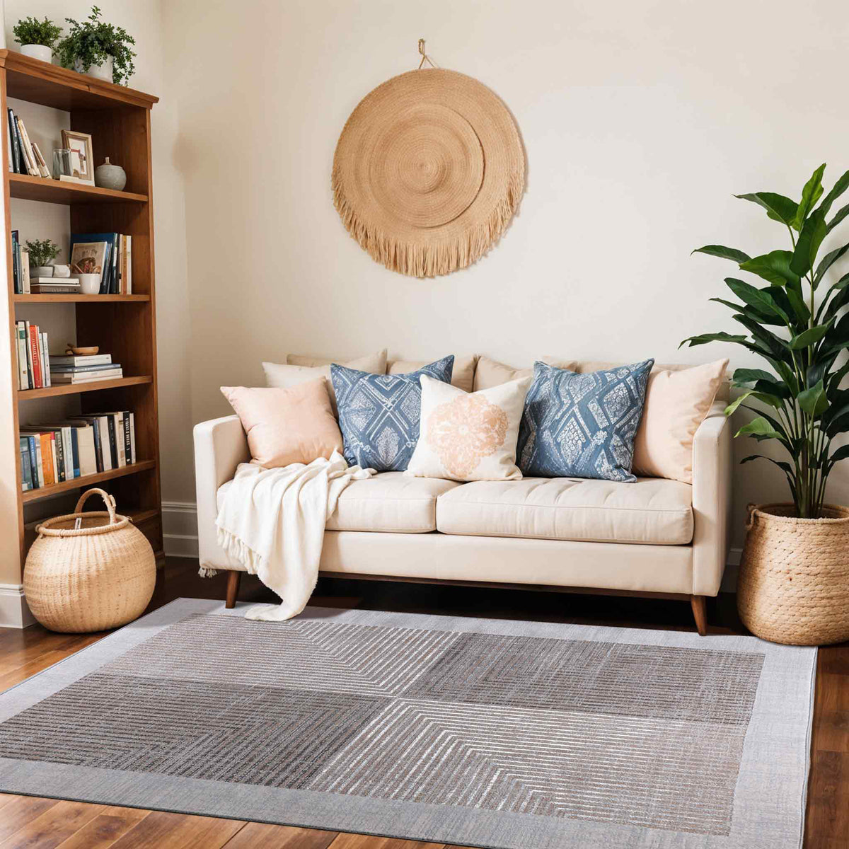 Tapis SURYA Charlestown moderne, blocs géométriques gris et beige à fines lignes, bordure claire, vue 14