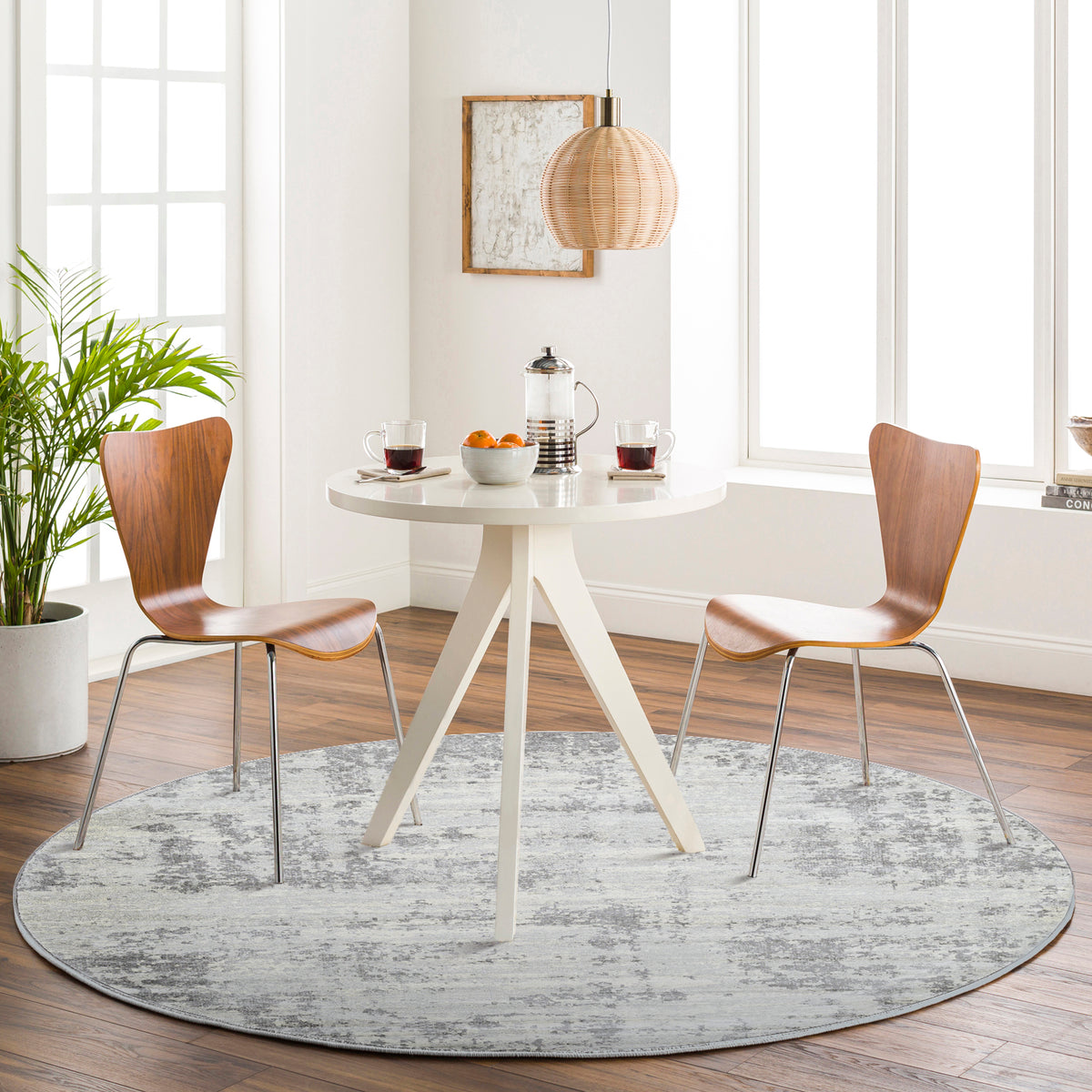 Tapis rond SURYA Dali moderne, motif abstrait gris argenté sur fond ivoire