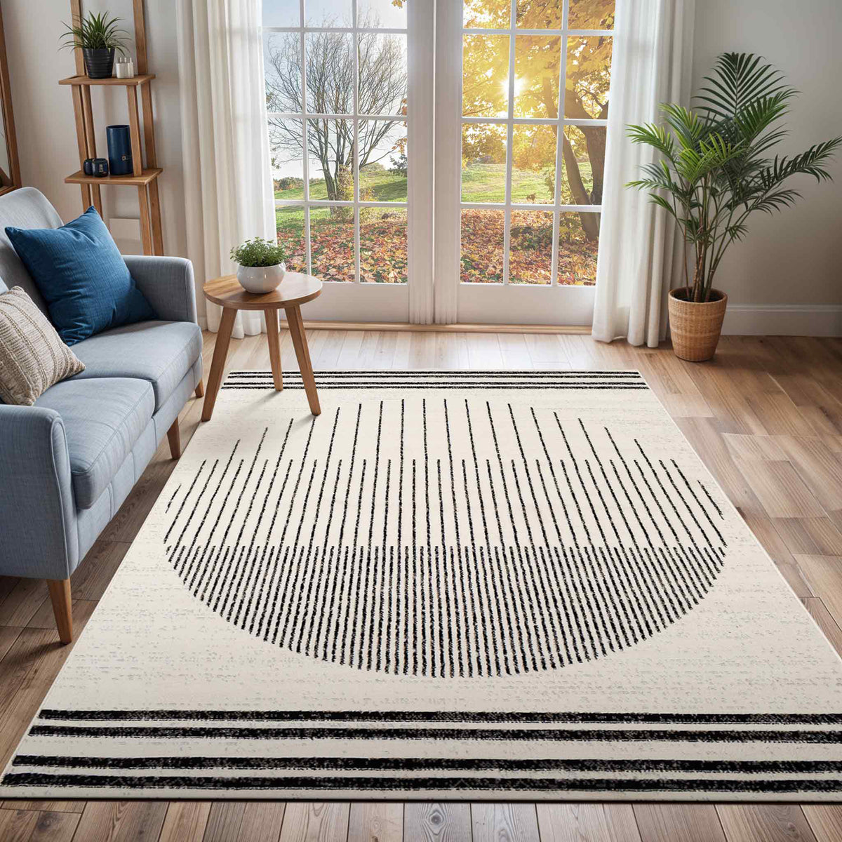 Tapis SURYA Enso scandinave, motif disque de lignes fines, blanc cassé et noir, vue 8