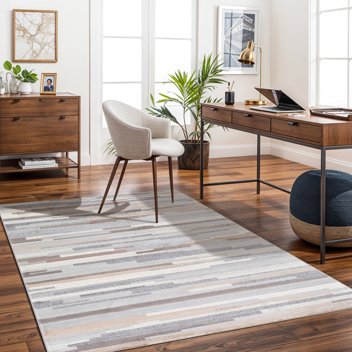 Tapis SURYA Maastricht scandinave, motif de bandes horizontales gris, brun clair et blanc, vue 8