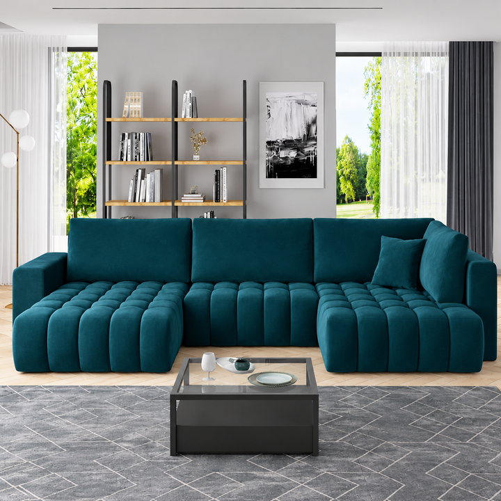 Canapé panoramique convertible BOSTON velours bleu petrole 350 cm
