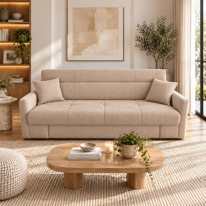 Canapé convertible Homerya avec coffre 4 places en velours côtelé beige MARZAMEMI