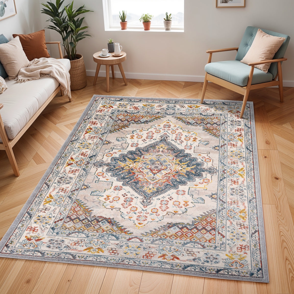 Tapis SURYA Jade oriental, médaillon bleu foncé, touches rouille et moutarde sur fond gris, vue 7