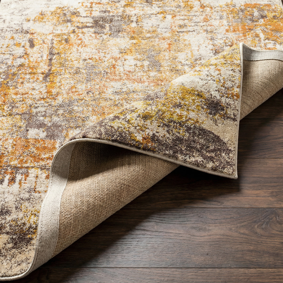 Tapis Surya Jeevika abstrait moderne, motif effet marbre orange, rouille et crème, vue 4