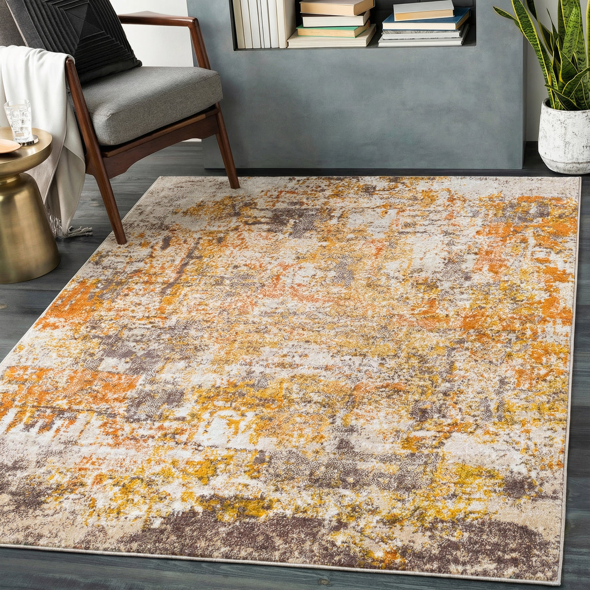 Tapis Surya Jeevika abstrait moderne, motif effet marbre orange, rouille et crème, vue 8