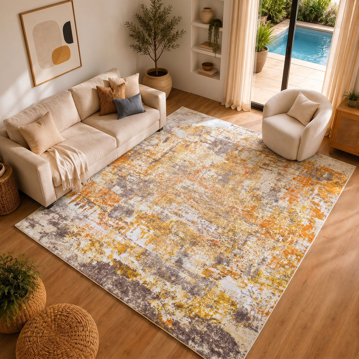 Tapis Surya Jeevika abstrait moderne, motif effet marbre orange, rouille et crème, vue 9