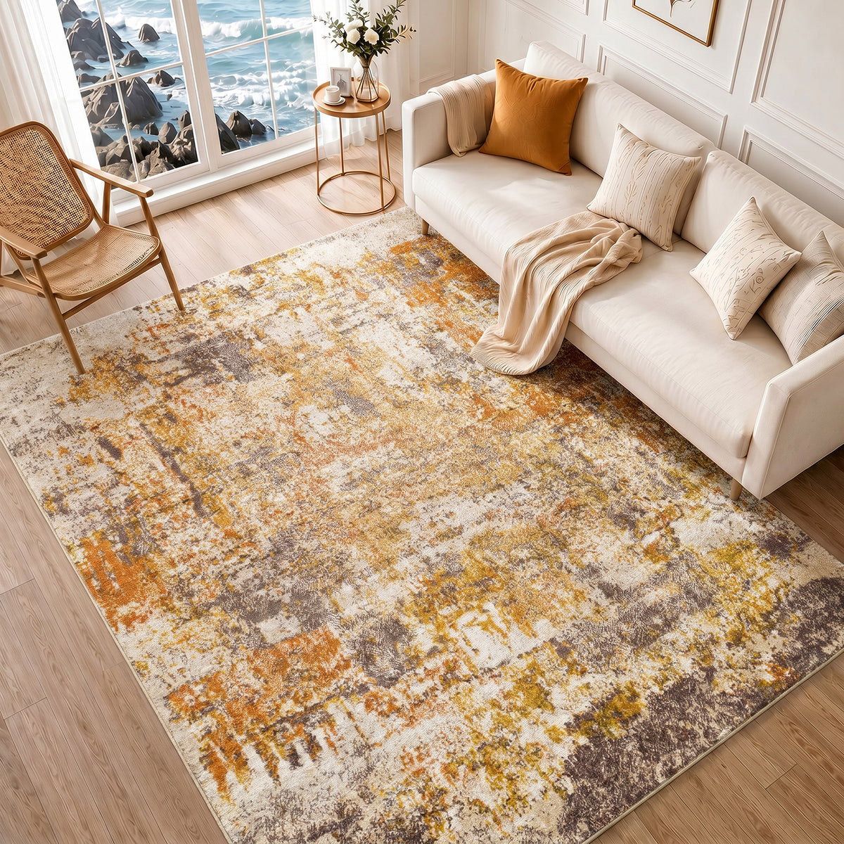Tapis Surya Jeevika abstrait moderne, motif effet marbre orange, rouille et crème, vue 2