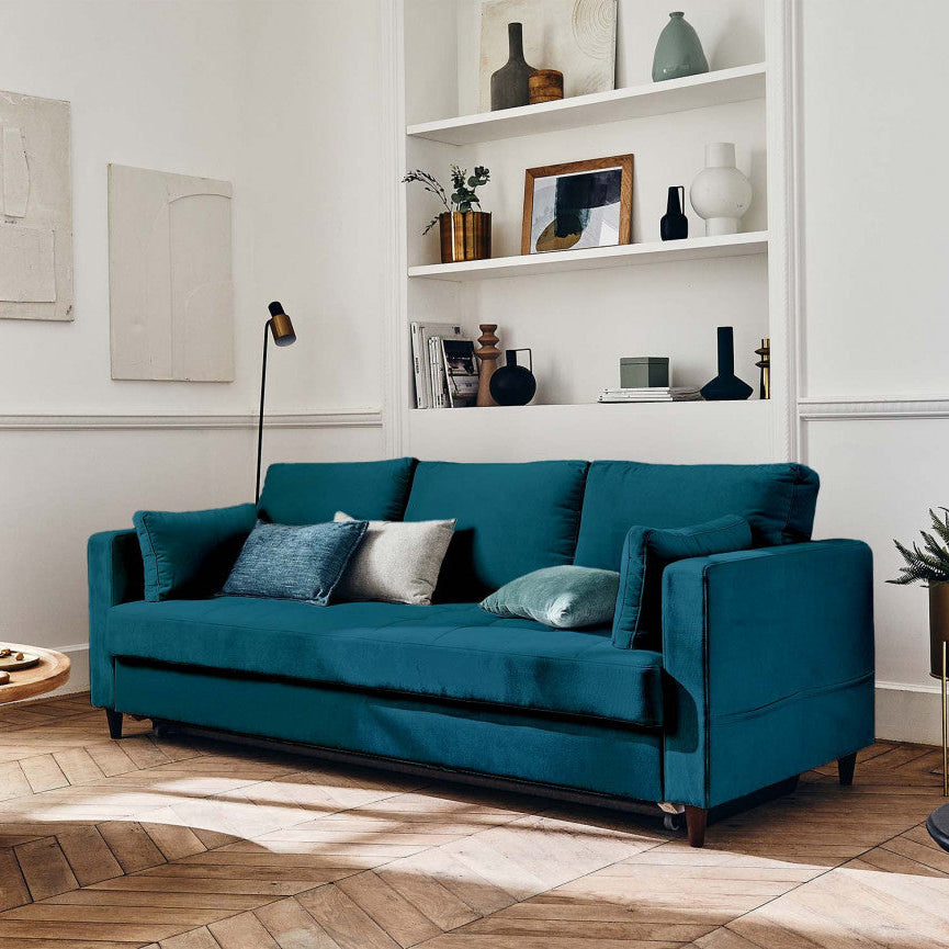 Canapé droit 3 places BESTMOBILIER convertible ANNA bleu canard