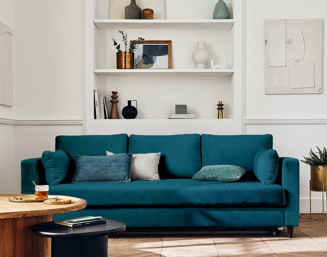 Canapé droit 3 places BESTMOBILIER convertible ANNA bleu canard